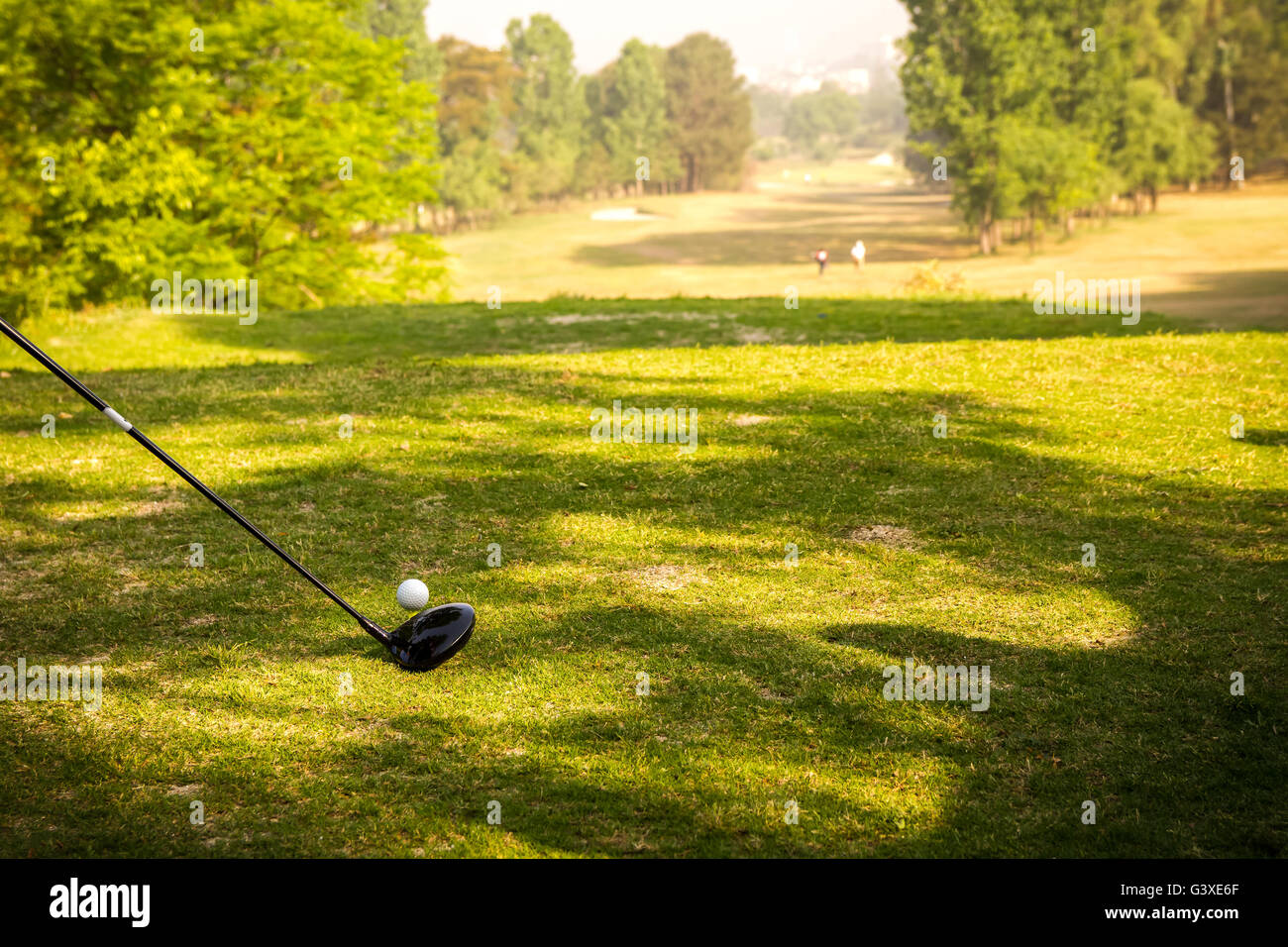 Golf Stick and Ball on the green grass field background of Nepal Stock