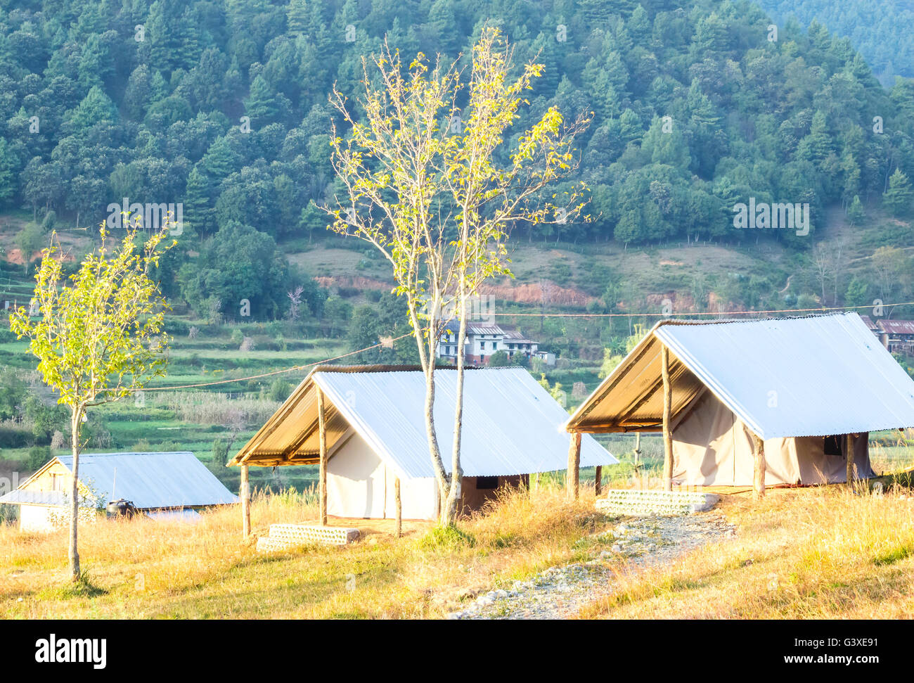 Tent houses to sleep at night in a hotel in chitlang,Nepal Stock Photo