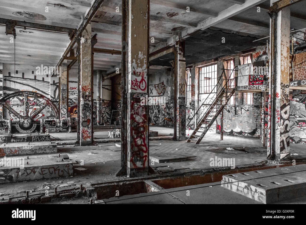 abandoned factory interior  , old building ruin Stock Photo