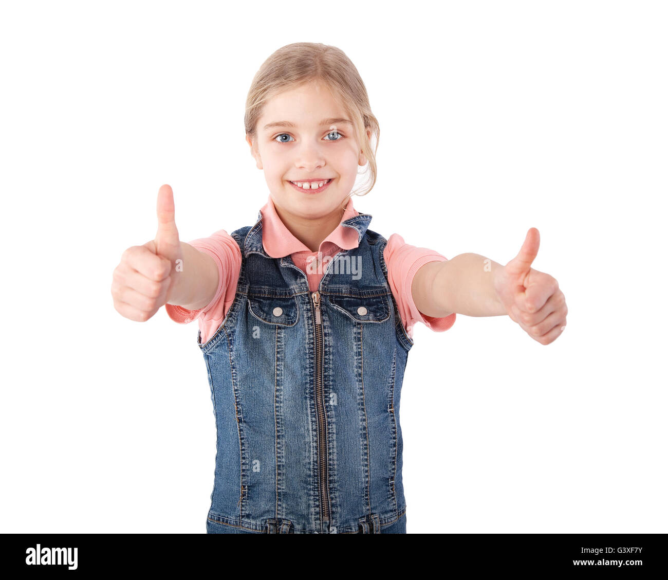 girl showing thumbs up isolated on white Stock Photo - Alamy