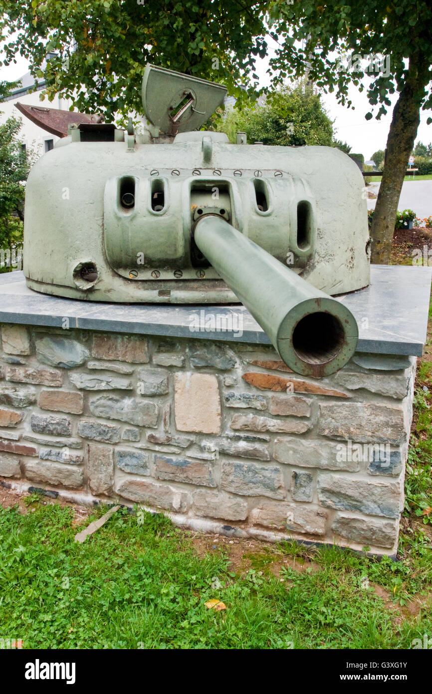 This turret from a wartime Sherman tank is now used as a Battle of the Bulge tourist trail marker at Bastogne, Belgium. Stock Photo
