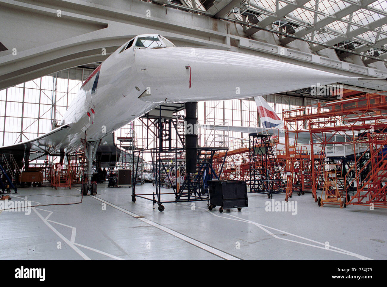 CONCORDE.   Two Concordes in process of being modified in a hanger at Heathrow Airport, London today March 23rd 2001. Stock Photo