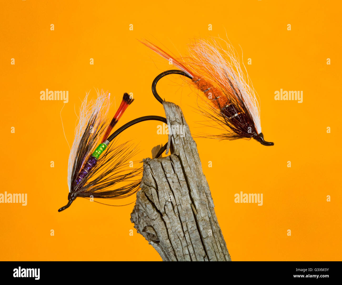 Hand-tied artificial steelhead fishing flies from the Pacific Northwest Stock Photo
