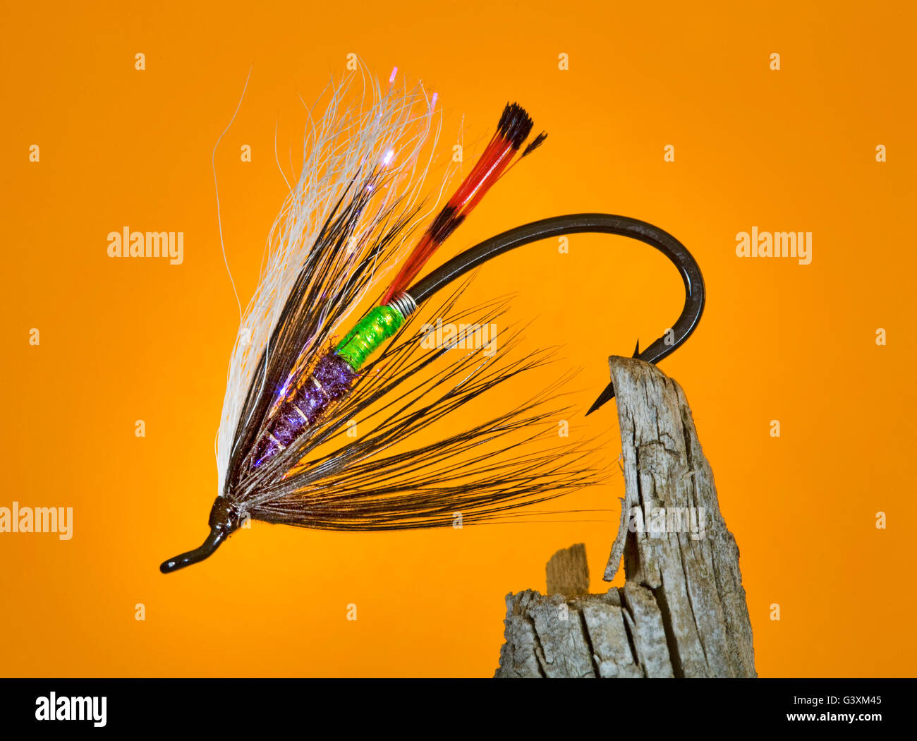 Hand-tied artificial steelhead fishing flies from the Pacific Northwest Stock Photo