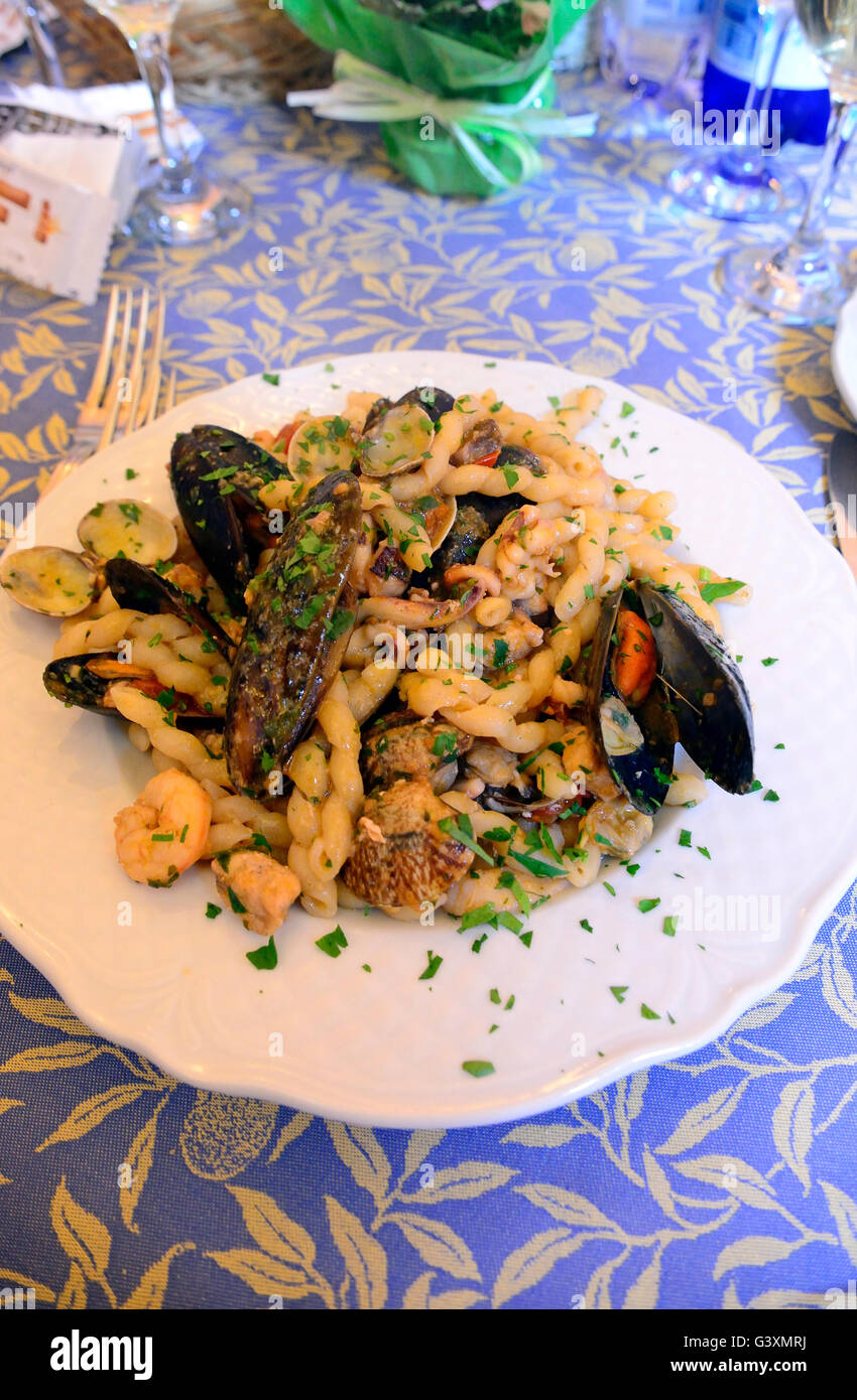 Typical Sicilian pasta busiate with seafood, Sicily Italy Stock Photo