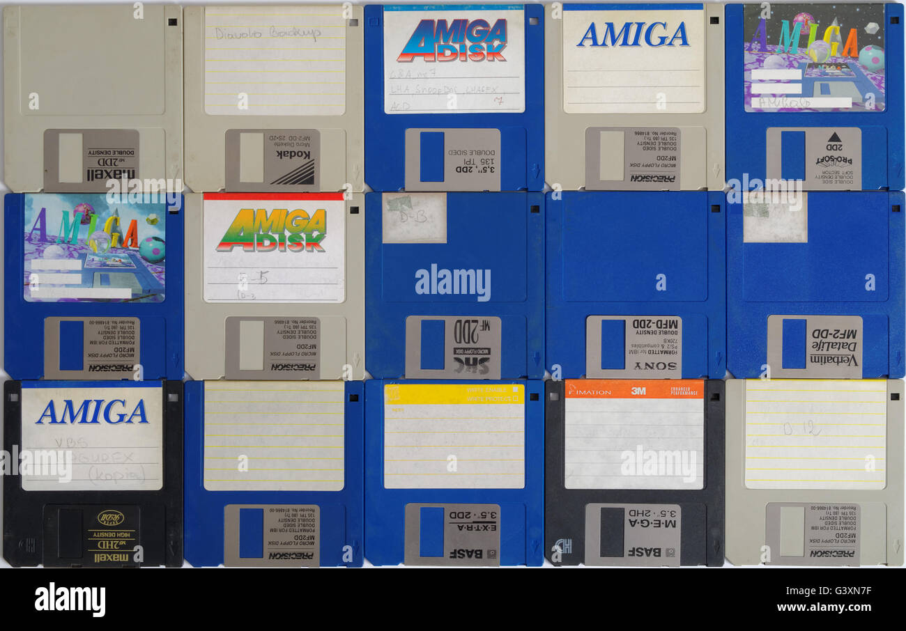 old 3,5 inch diskettes for Amiga computers, view from above Stock Photo