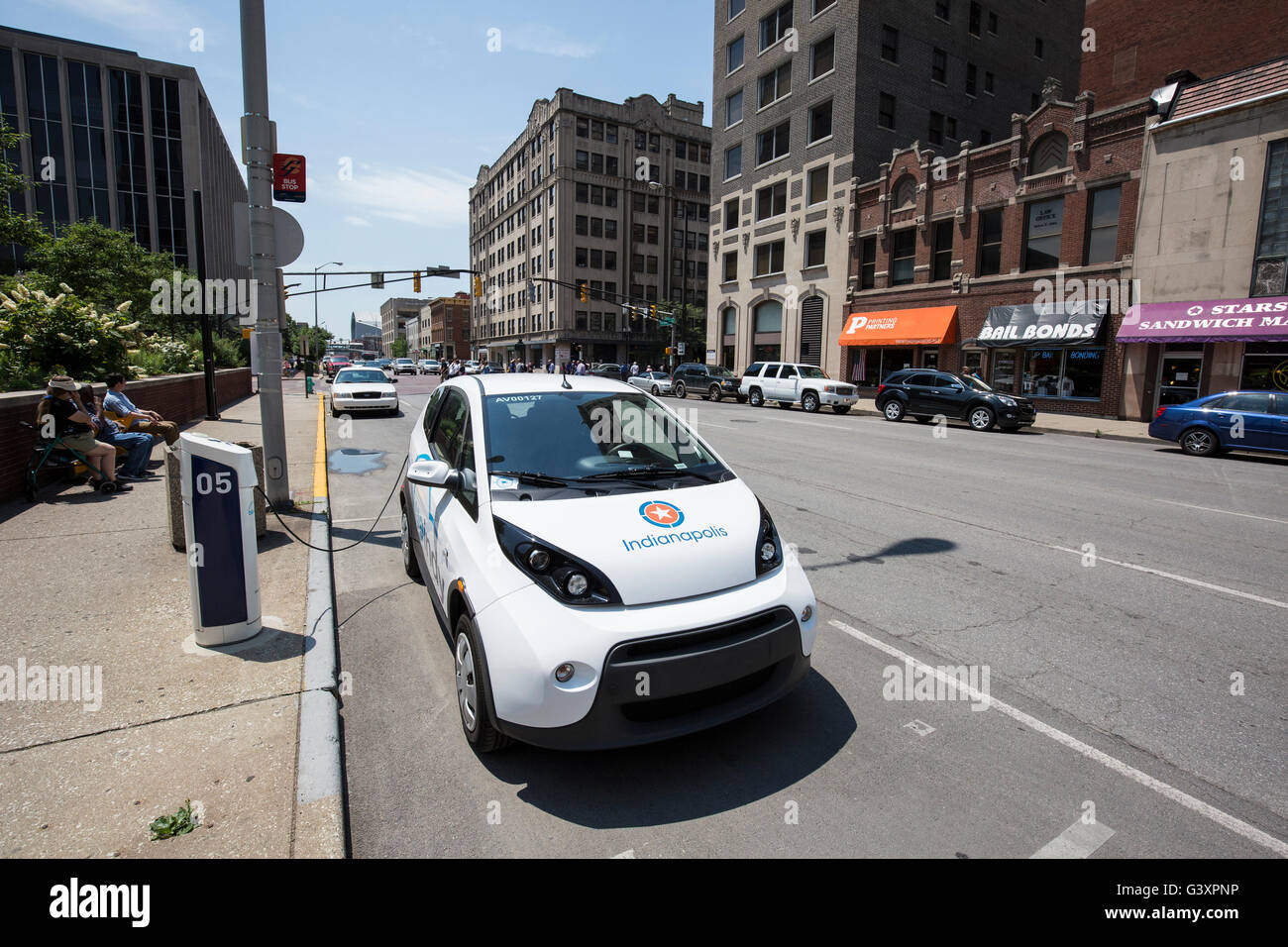 Public use electric car and recharging station in downtown Indianapolis