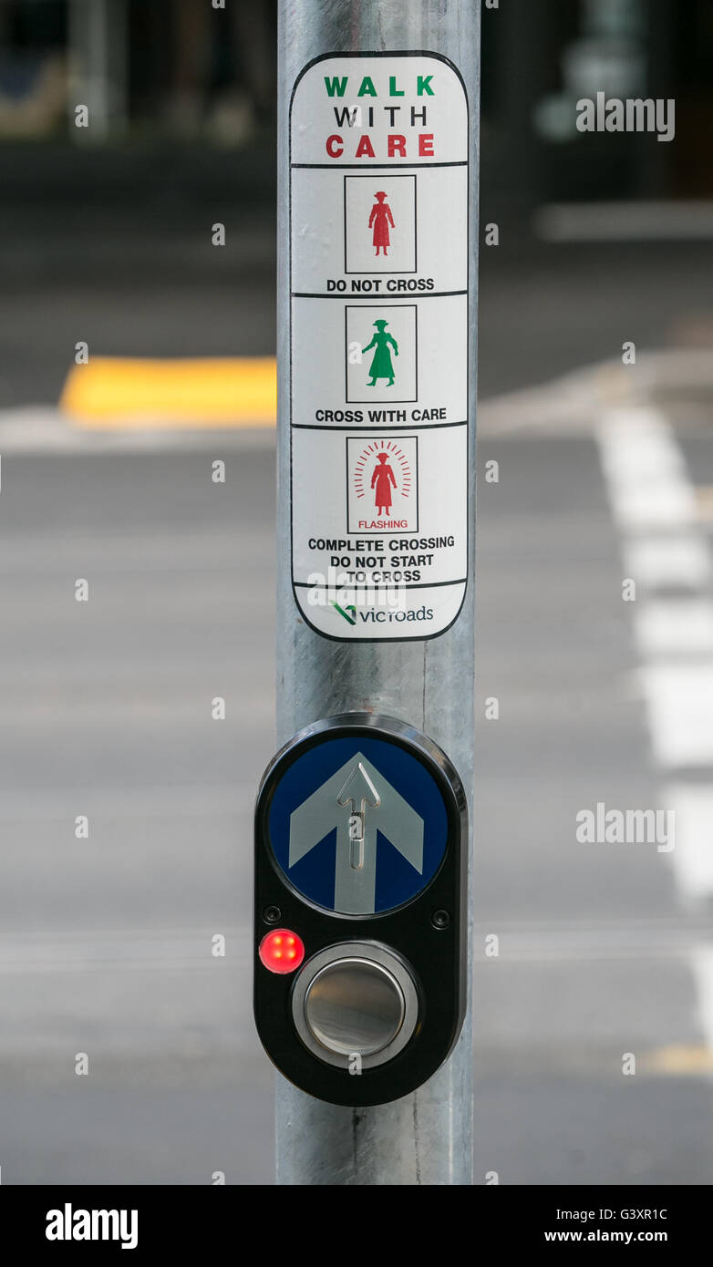 'Green lady' pedestrian signal at street crossing on Bridge Road, Richmond, Melbourne, Australia, May 2016. Stock Photo