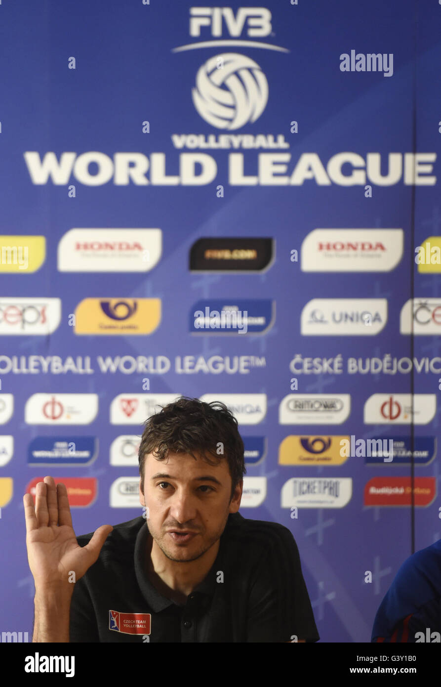 Ceske Budejovice, Czech Republic. 16th June, 2016. Miguel Falasca, The Head Coach of Czech Republic Men's National Volleyball Team, speaks during a press conference concerning team's first match at FIVB Volleyball World League in Ceske Budejovice, Czech Republic, on Thursday, June 16th, 2016. Stock Photo