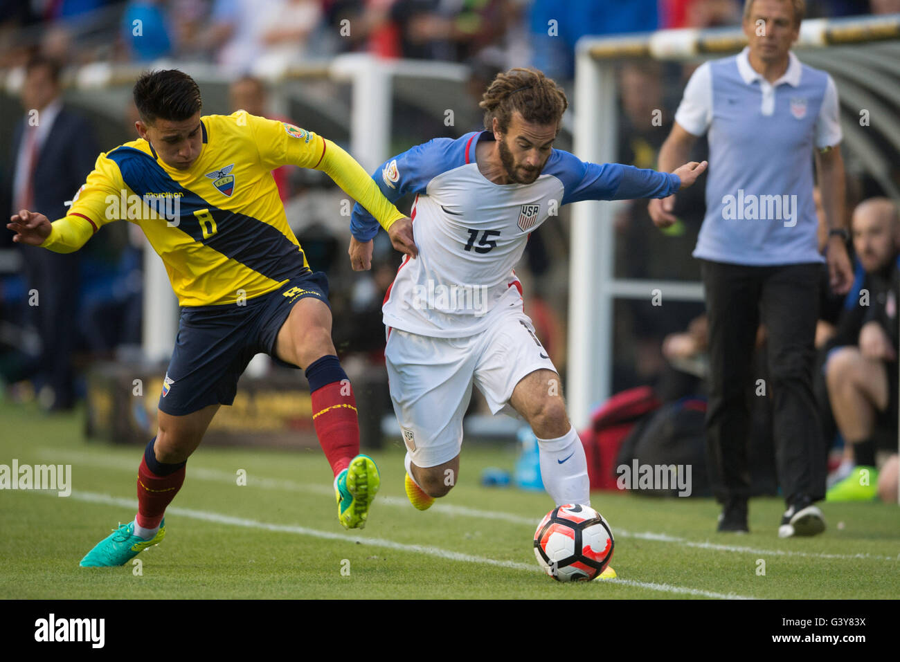 Seattle. 16th June, 2016. Kyle Beckerman (R) of the United States vies with Fernando Gaibor of Ecuador during their quarterfinal match of 2016 Copa America soccer tournament at Century Link Field in Seattle, the United States on June 16, 2016. The United States won 2-1. Credit:  Yang Lei/Xinhua/Alamy Live News Stock Photo