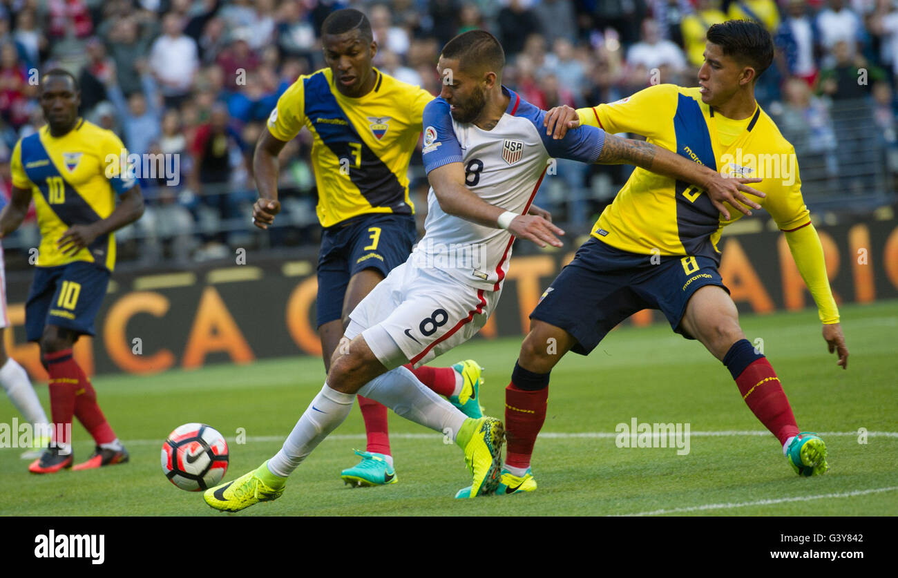 Seattle. 16th June, 2016. Clint Dempsey (2nd R) of the United States vies with Fernando Gaibor (1st R) of Ecuador during their quarterfinal of 2016 Copa America soccer tournament at Century Link Field in Seattle, the United States on June 16, 2016. The United States won 2-1. Credit:  Yang Lei/Xinhua/Alamy Live News Stock Photo