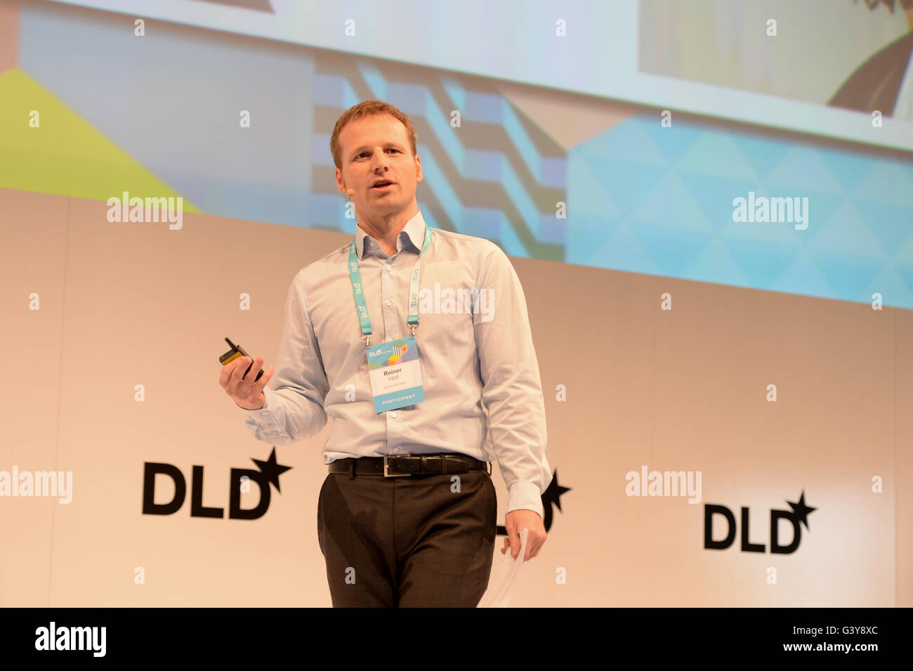 MUNICH/GERMANY - JUNE 16: Rainer Höll (Ashoka Germany ) gestures onstage during the DLDsummer Conference 2016 at Haus der Kunst, Munich. DLDsummer takes place June 16-17, 2016 and focuses on the changing through digitalization in the areas of life, work and business (Photo: picture alliance for DLD/Jan Haas) | usage worldwide Stock Photo