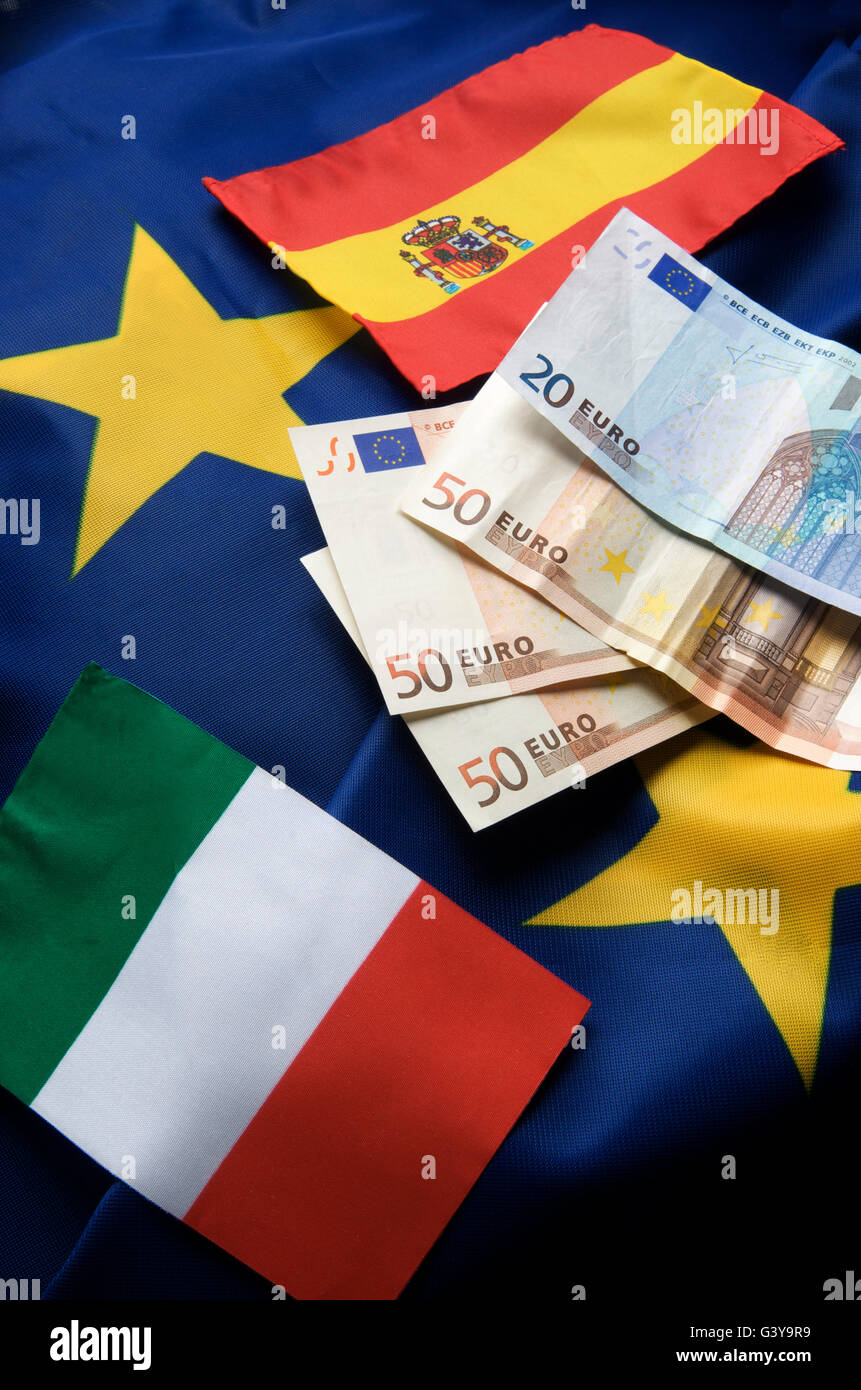 Spanish and Italian flag, EU flag, euro banknotes, symbolic image, currency crisis in Europe Stock Photo