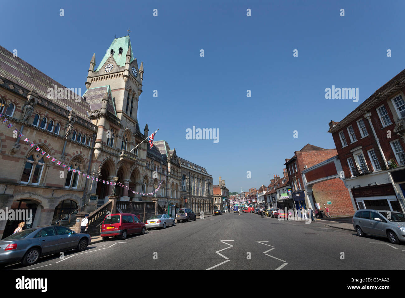The Broadway and the Guildhall in Winchester, Hampshire, England, United Kingdom, Europe Stock Photo