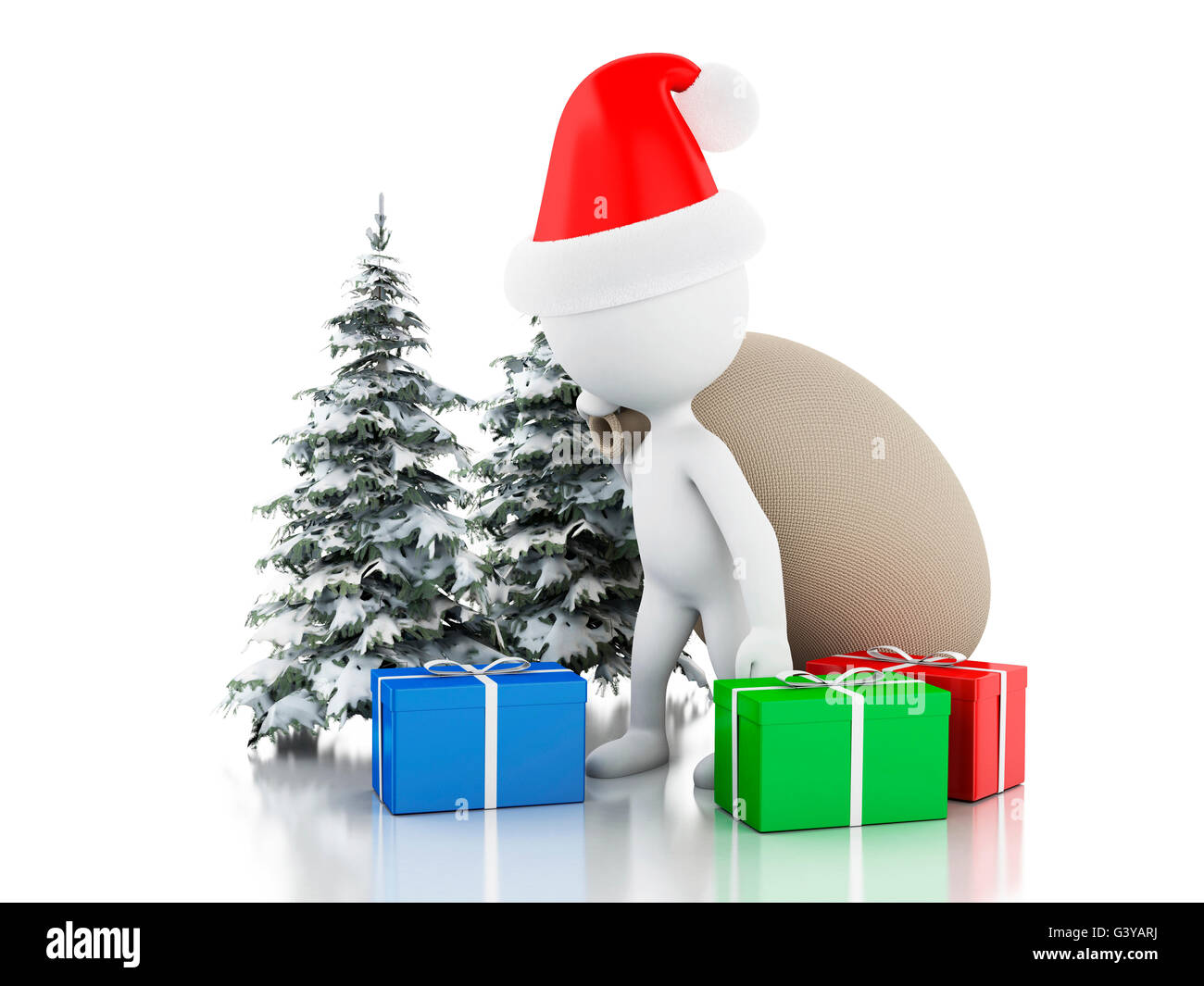 3d renderer image. Santa Claus with bag, gifts and Christmas tree in ...