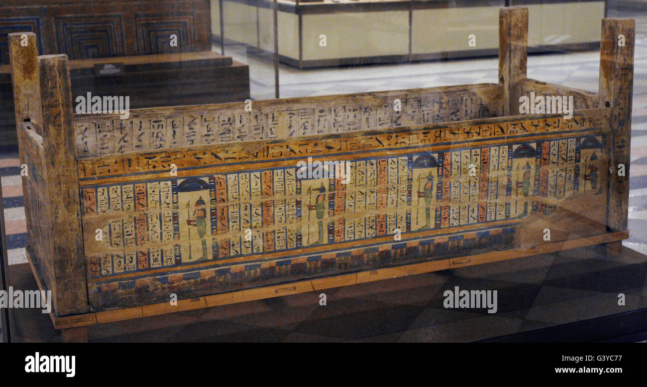 Egypt. Wooden sarcophagus decorated with paintings. 7th century BC. From Thebes. Late Period. The State Hermitage Museum. Saint Petersburg. Russia. Stock Photo