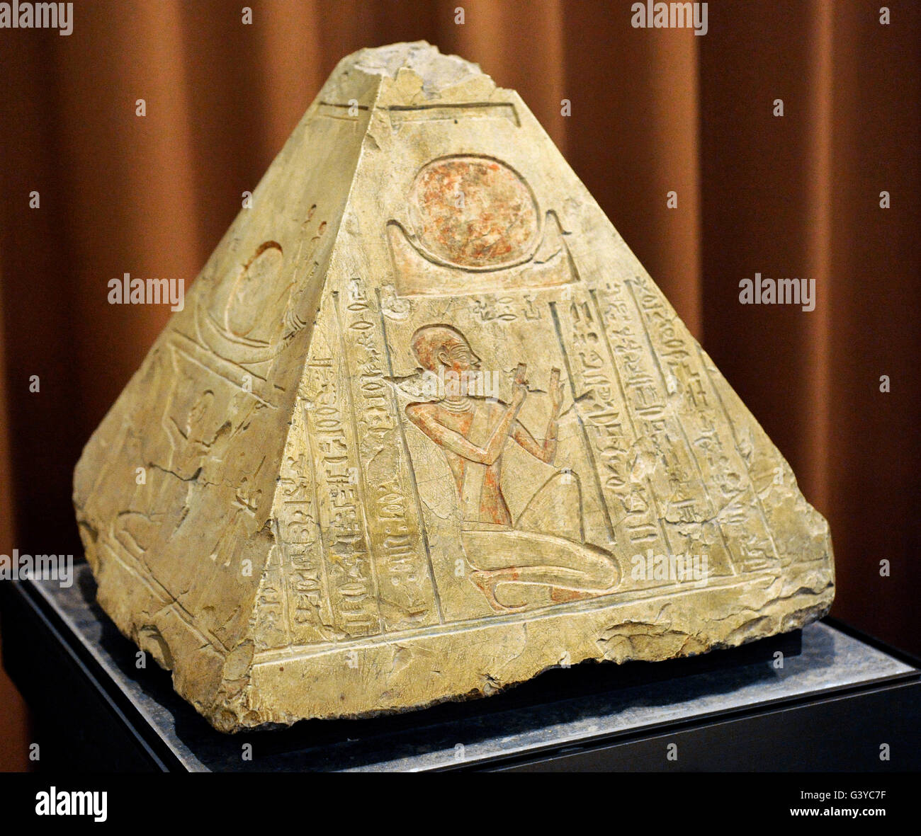Pyramidion from the tomb of priest Rer. 7th century BCE. Abydos, Egypt. Limestone. The State Hermitage Museum. Saint Petersburg. Russia. Stock Photo