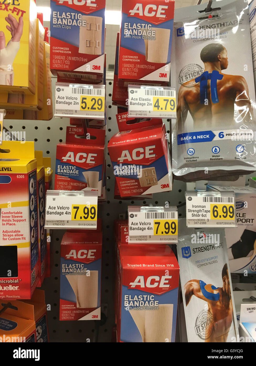 display of bandages for sale in pharmacy, USA Stock Photo