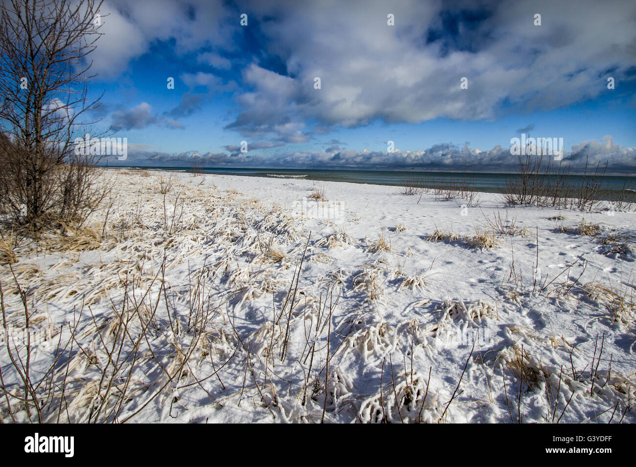 Winter On The Great Lakes. Sunny winter day on the Great Lakes beach in Lakeport State Park. Lakeport, Michigan. Stock Photo