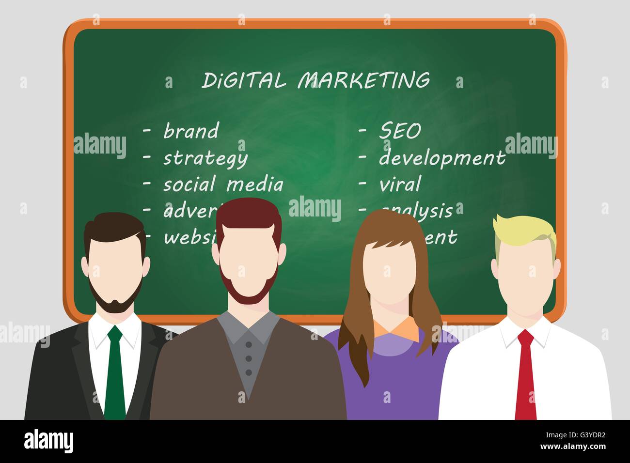 digital marketing team line up work on front of board with text vector