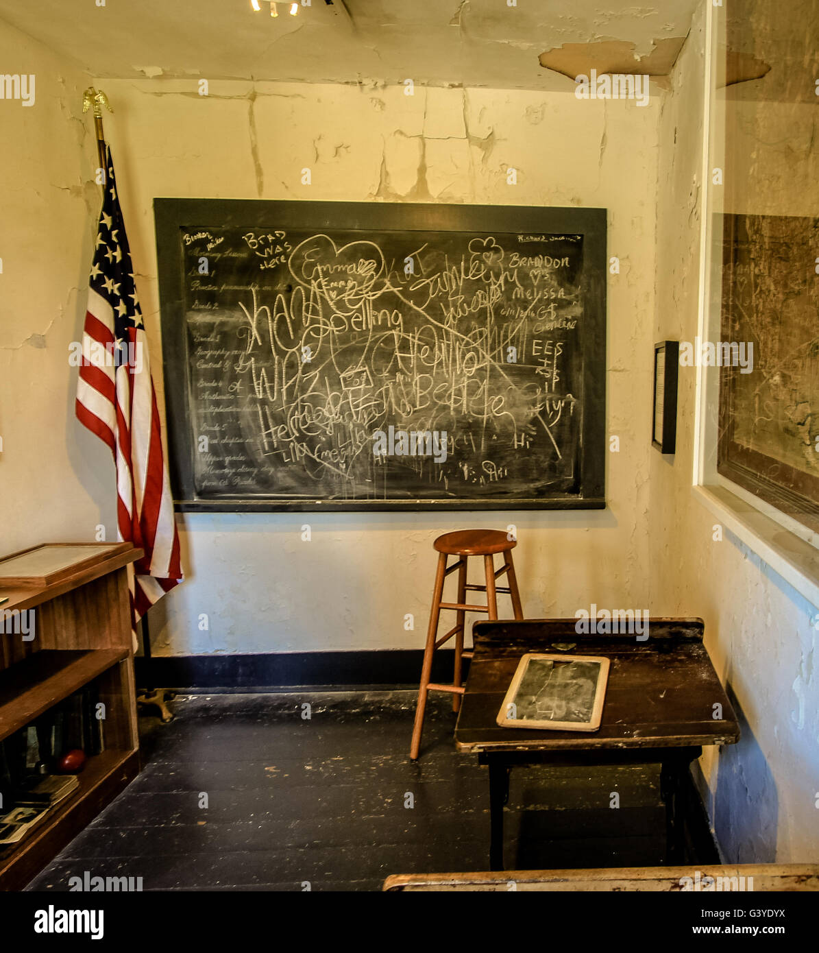 Garden, Michigan, USA- June 13, 2016: Empty one room schoolhouse display in the Fayette State Historical Park in the Upper Peninsula of Michigan. Stock Photo
