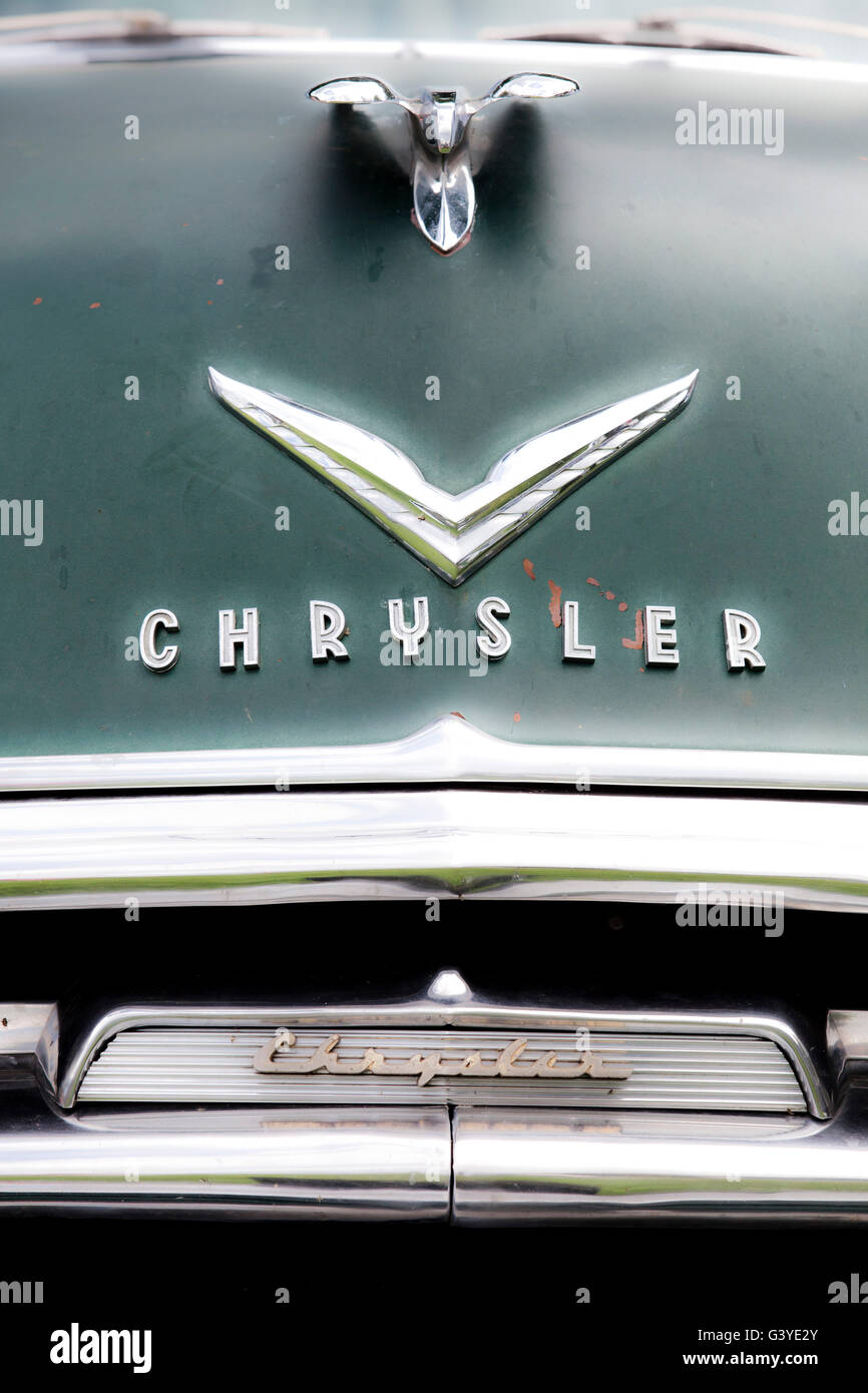 Aug 2013 Hebden Bridge - Calder Holmes Park . Classic and Vintage cars - Marques and logos and details Chrysler Stock Photo