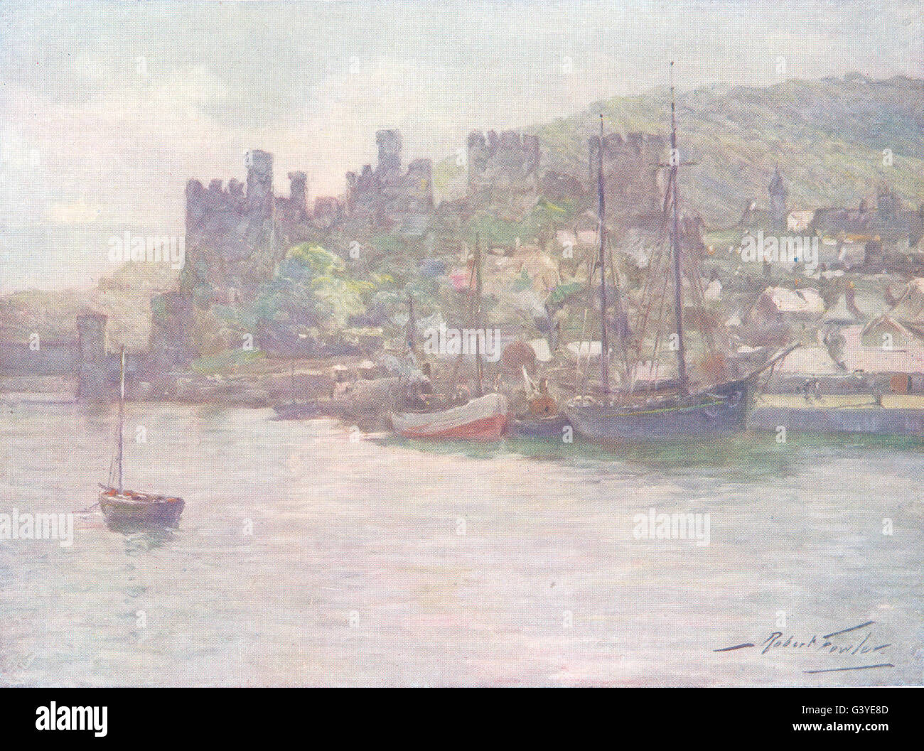 WALES: Conwy Castle and Quay-Noon, antique print 1905 Stock Photo