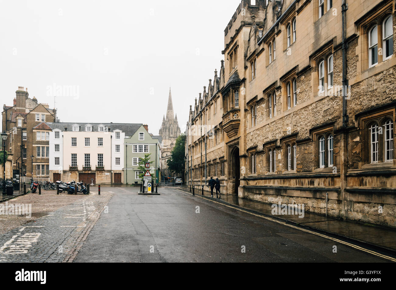 Street of Oxford a rainy day. The city is known as the home of the University of Oxford. Stock Photo