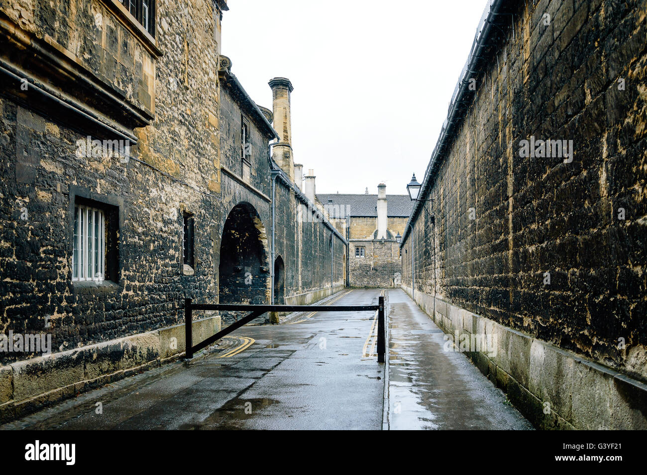 Empty lane in Oxford a rainy day. The city is known as the home of the University of Oxford. Stock Photo