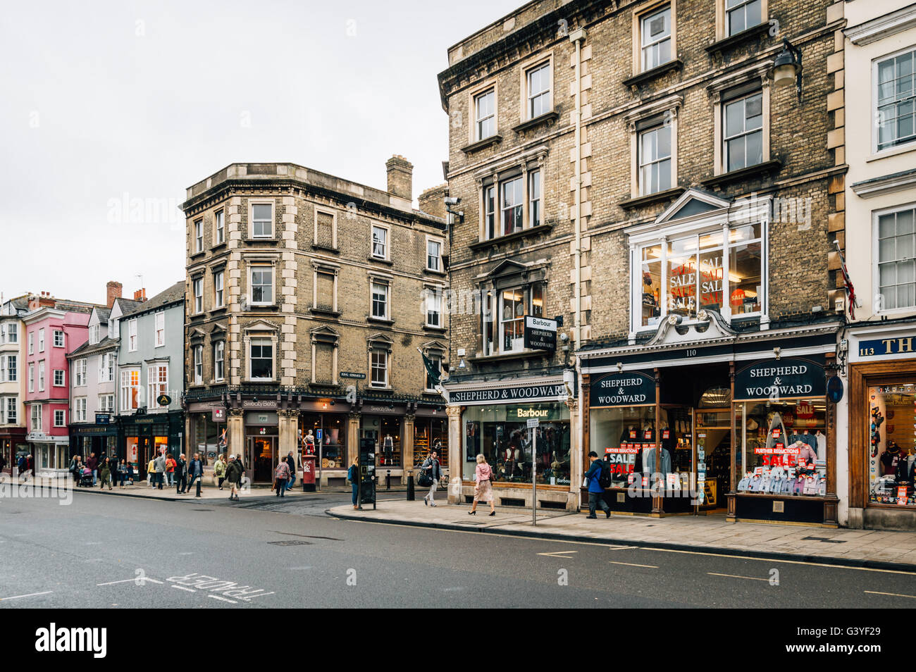 Oxford, UK - August 12, 2015: High Street in Oxford a rainy day.  This street is the center of the city. Stock Photo