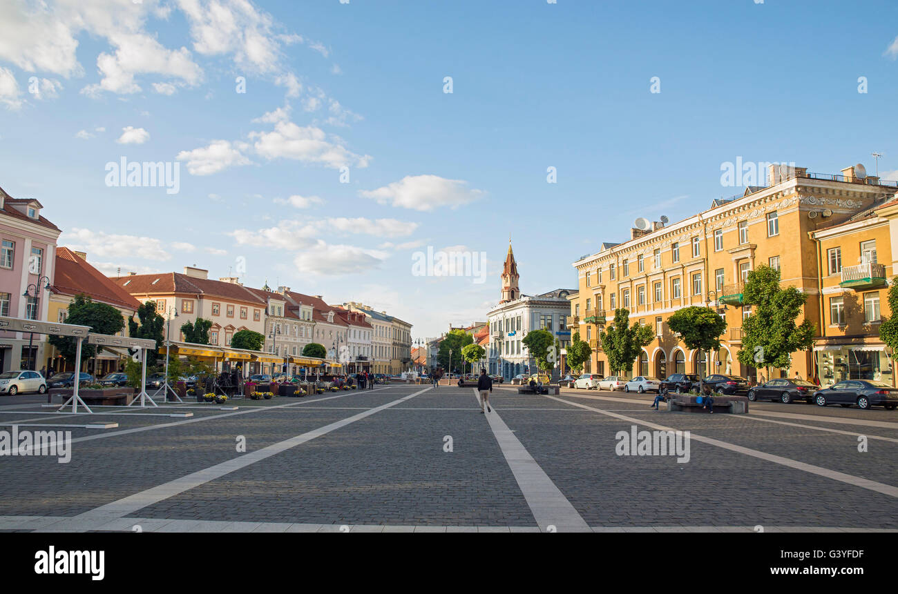 VILNIUS, LITHUANIA - JUNE 7, 2016: People at the historical Town Hall Square  in the Old Town of Vilnius. Stock Photo