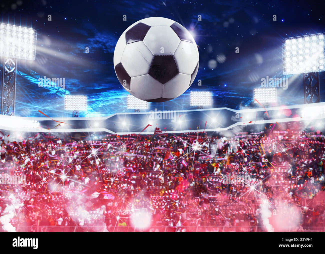 Soccer in the soccer stadium in the spotlight hires stock photography