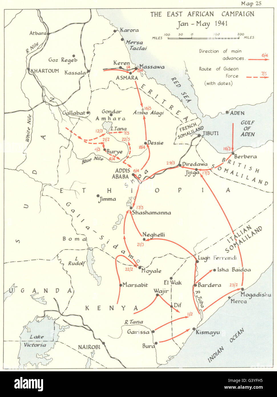 AFRICA: Italians lose initiative in east: African campaign Jan-May 1941 1954 map Stock Photo