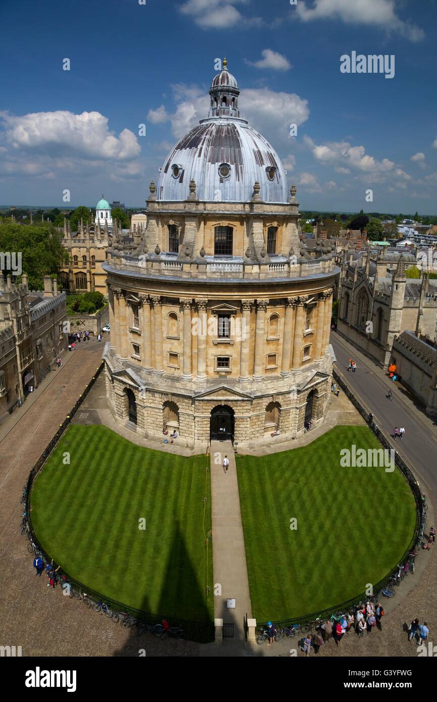 Rooftop view of Radcliffe Camera from University Church of St. Mary the Virgin, Oxford, Oxfordshire, England, United Kingdom, Stock Photo