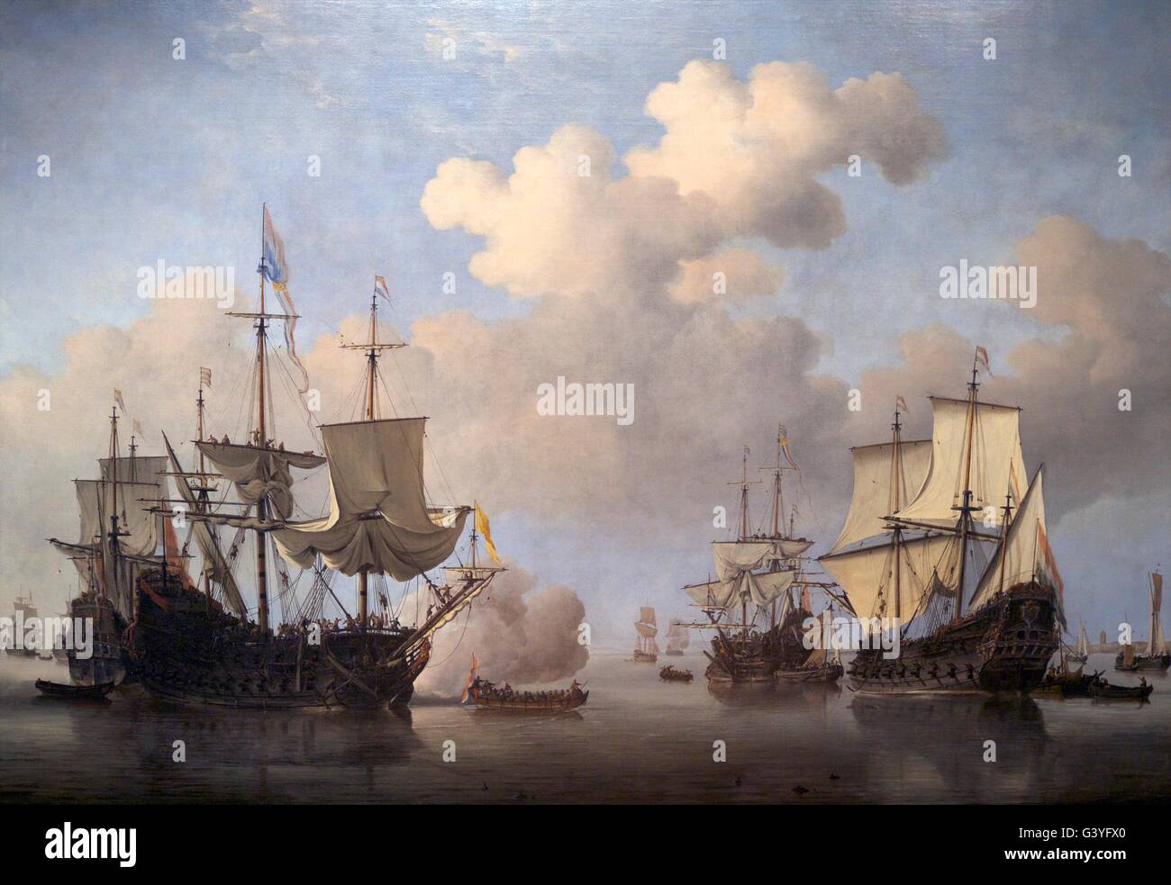 Calm: Dutch Ships coming to Anchor, by Willem van de Velde the Younger,  circa 1655,   Wallace Collection, London, England, UK, Stock Photo