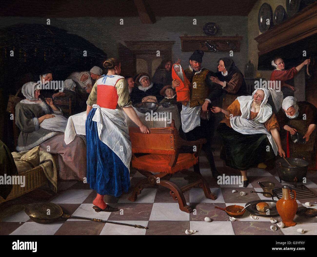 Celebrating the Birth, by Jan Steen, 1664, Wallace Collection, London, England, UK, GB Stock Photo