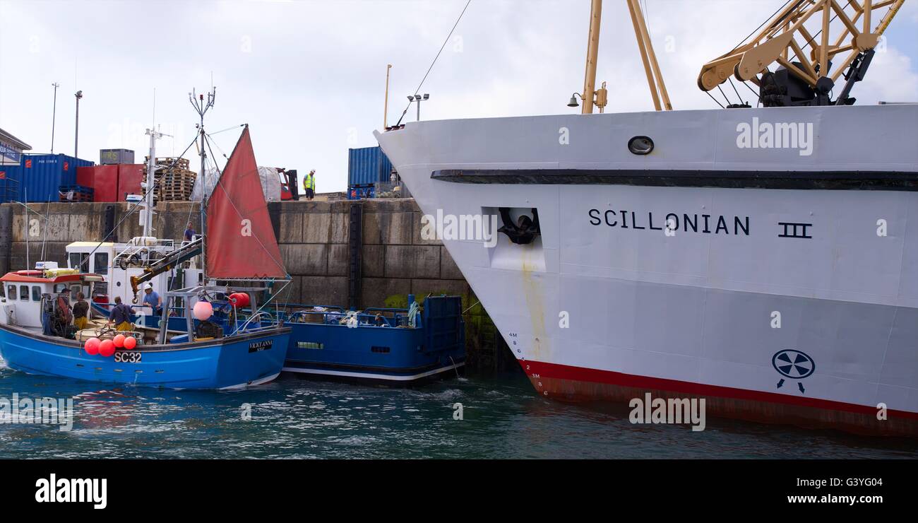 Scillonian III Passenger ferry and fishing boats in harbour, St Mary's, Isles of Scilly, Cornwall, England, UK, GB Stock Photo