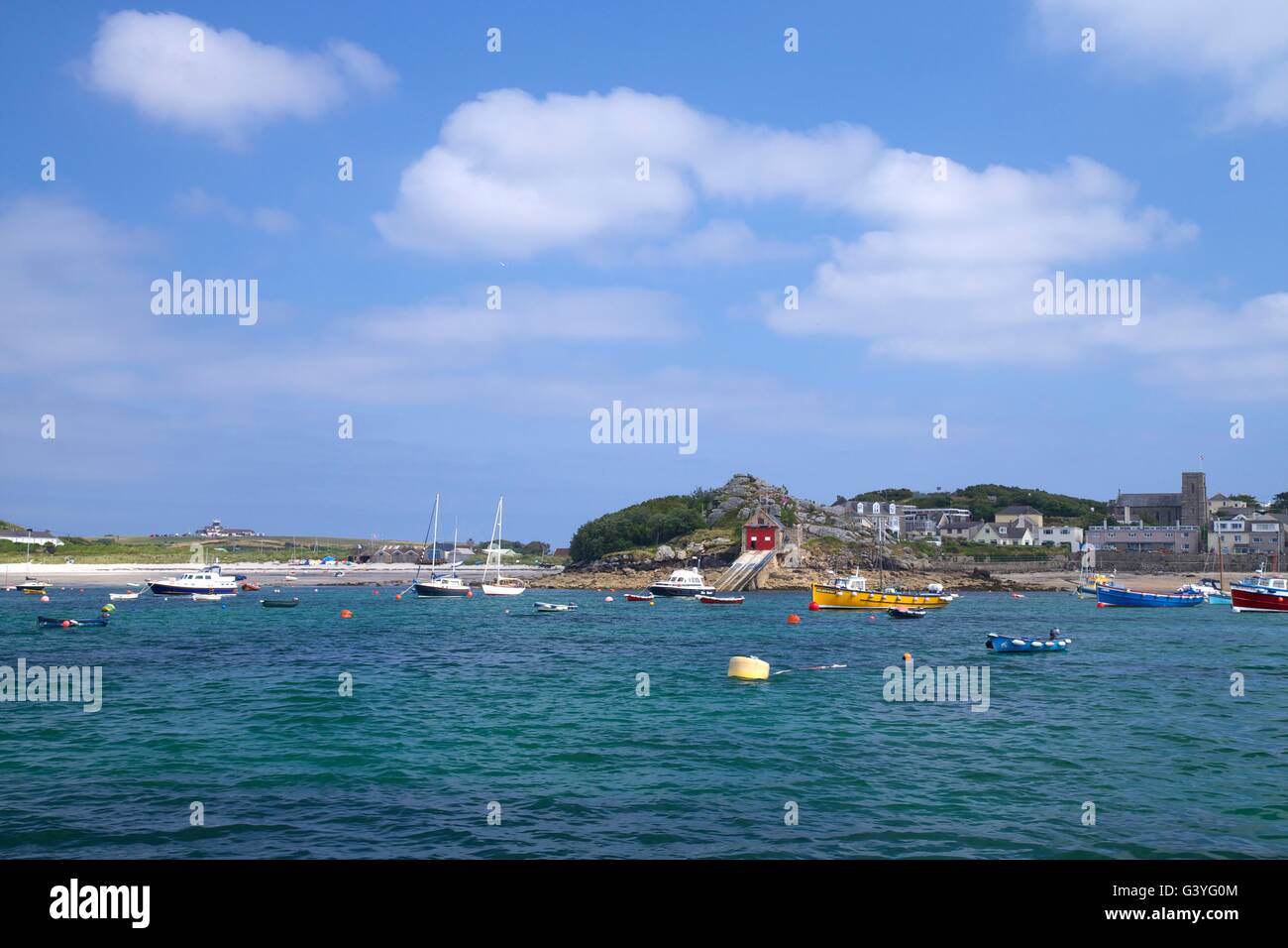 Lifeboat station and moored yachts off St Mary's, Isles of Scilly, Cornwall, England, UK, GB Stock Photo
