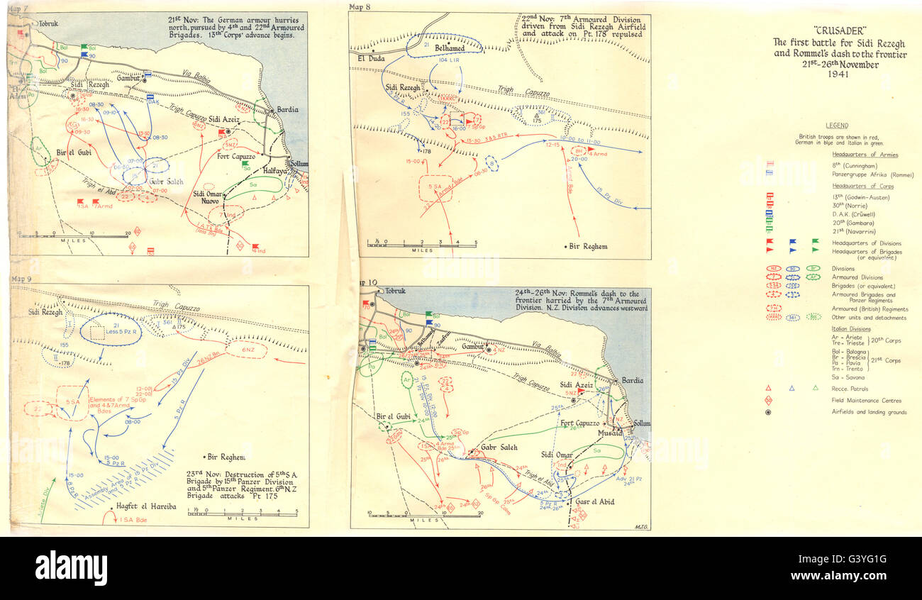 NOV 1941 CRUSADER: German Panzer;Sidi Rezegh Airfield;Pt 178;NZ;Rommel, 1960 map Stock Photo