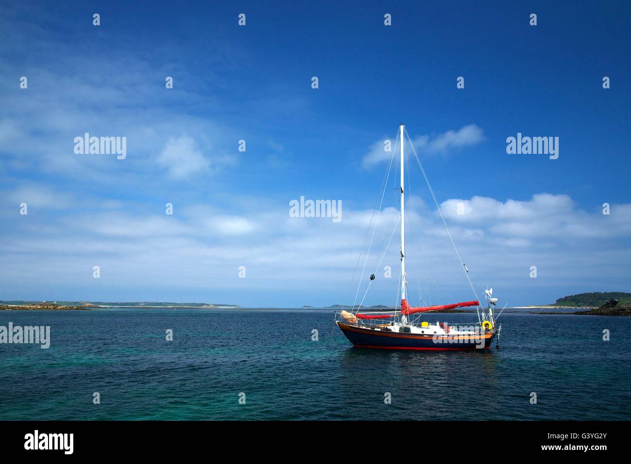 Moored yacht off St Mary's, Isles of Scilly, Cornwall, England, UK, GB Stock Photo
