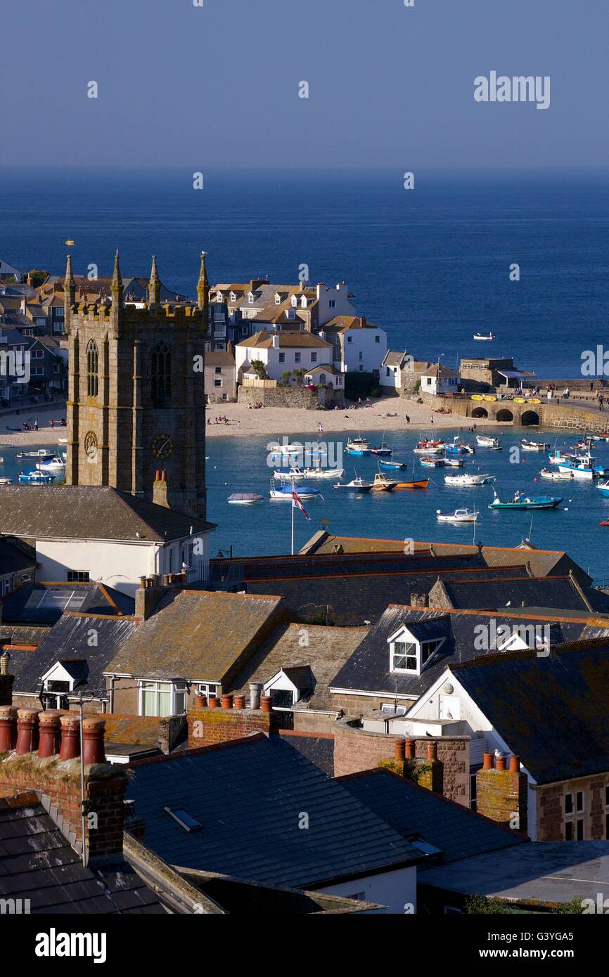 St Ives church and old harbour in summer sunshine, Cornwall, England, UK, GB Stock Photo
