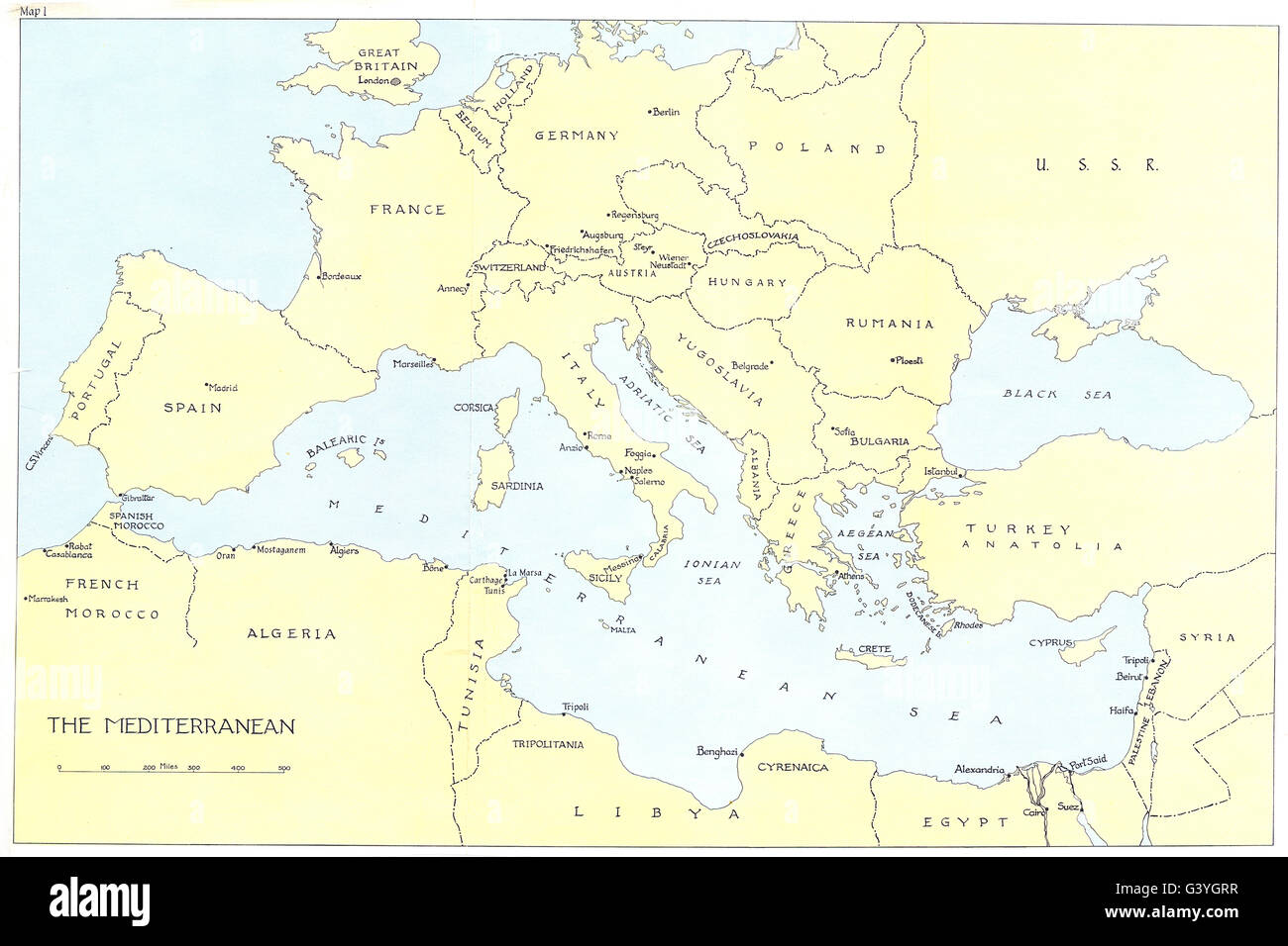 EUROPE: The Mediterranean. WW2, 1973 vintage map Stock Photo