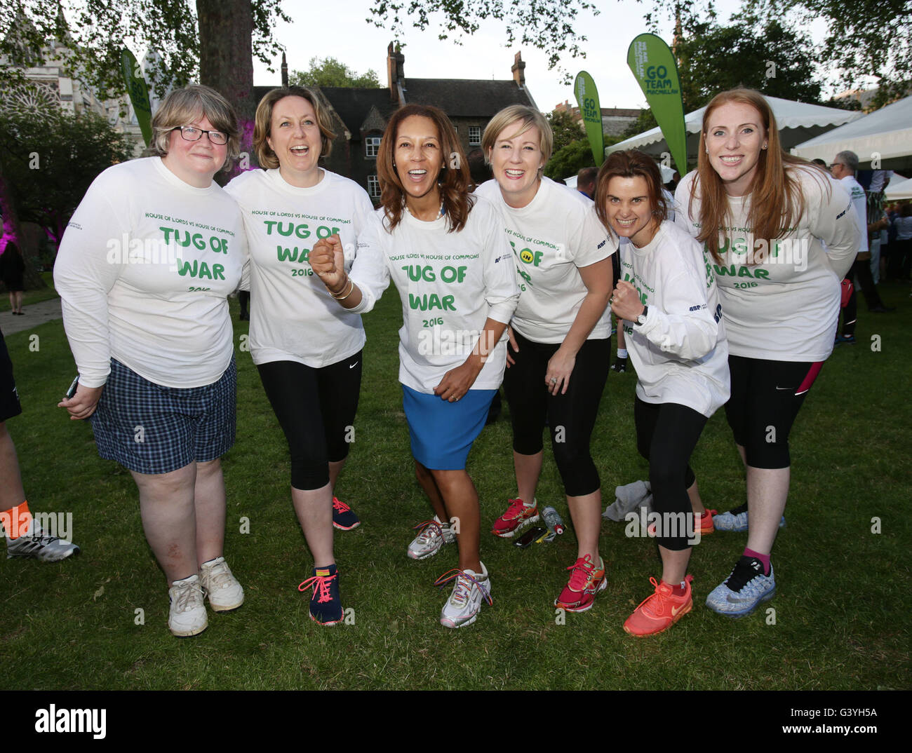Previously unreleased photo dated 06/06/16 of the Parliament Ladies team, including Jo Cox MP (second right), posing for a picture before taking part in the Peers and MPs Parliamentary Tug of War contest, in aid of the Macmillan Cancer Support charity, at The College Gardens, Westminster, London. ... Jo Cox shooting ... 06-06-2016 ... London ... UK ... Photo credit should read: Yui Mok/PA Wire. Unique Reference No. 26627871 ... Issue date: Thursday June 16, 2016. See PA story POLICE MP. Photo credit should read: Yui Mok/PA Wire Stock Photo