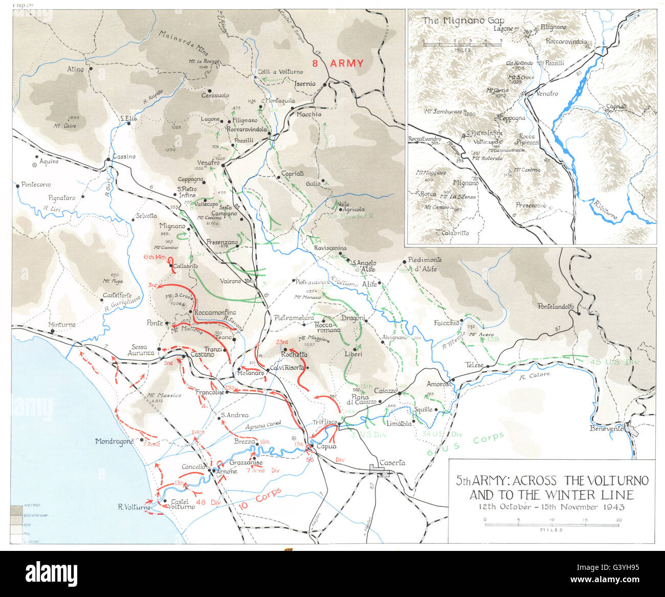 VOLTURNO: Winter line Oct-Nov 1943: 5th Army: Across; Inset map Mignano Gap 1973 Stock Photo