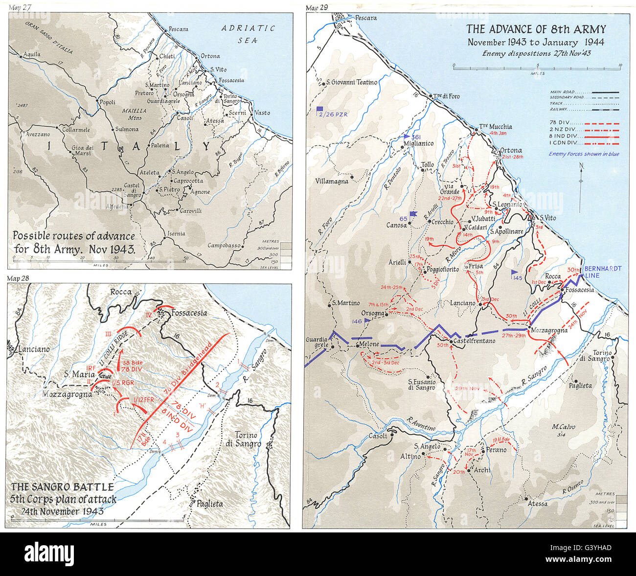 BERNHARDT LINE: Advance 8th Army Nov 1943 to Jan 1944; Sangro 5th Corps 1973 map Stock Photo