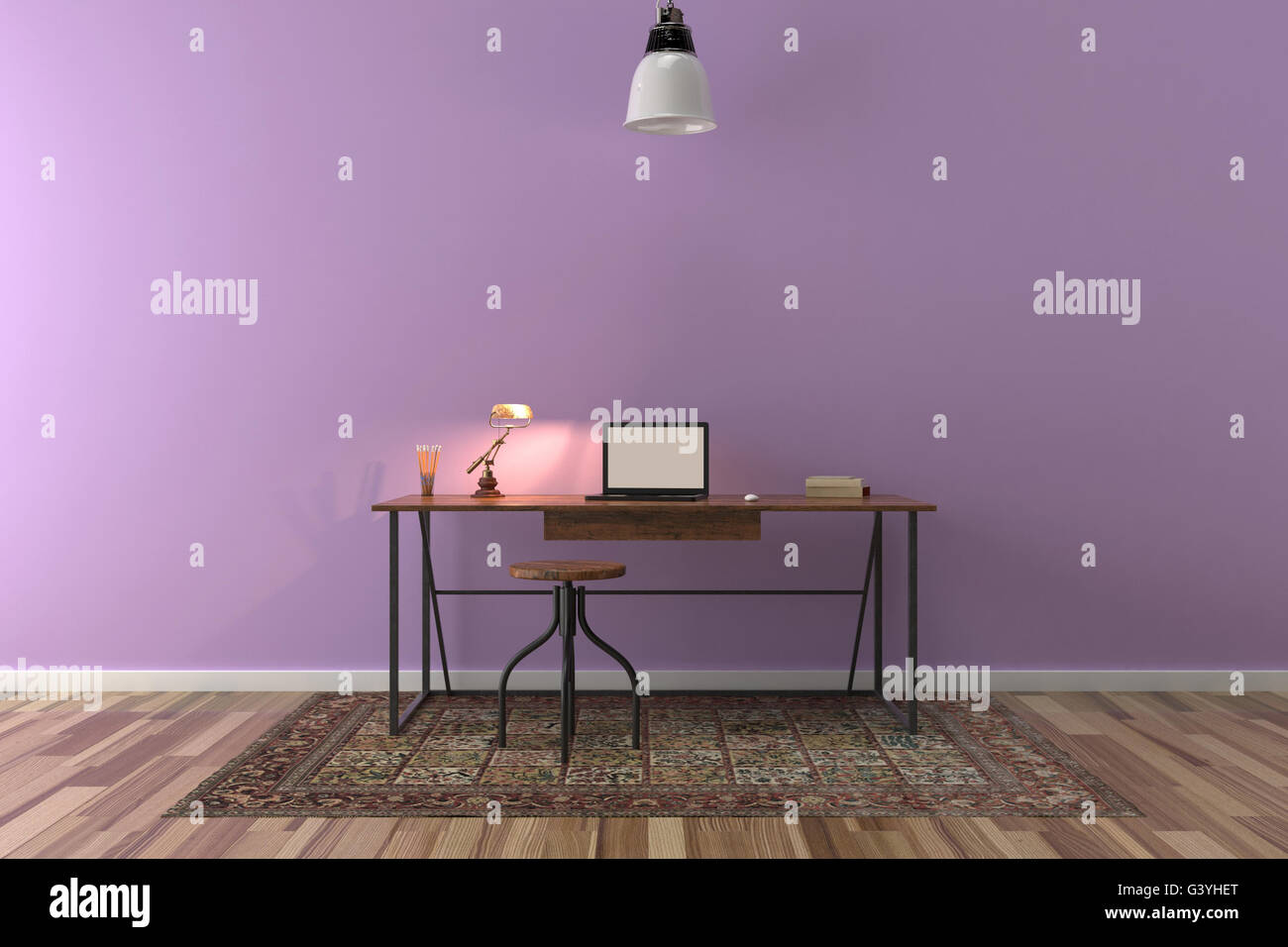 Work desk in empty room with big wall in background. Parquet and carpet on the floor. 3D illustration Stock Photo
