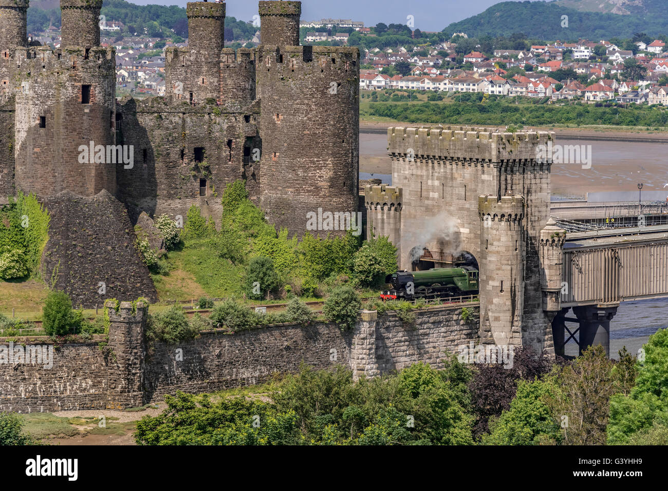 Conwy Castle Clwyd North Wales on the river Conwy. Conway The Flying Scotsman steam train locomotive Stock Photo
