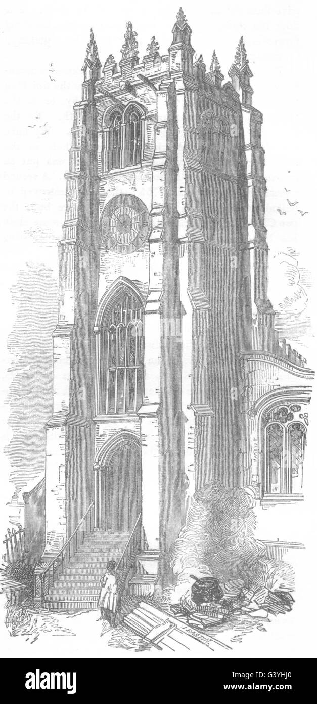 YORKSHIRE: Tower of the Old Church, Bradford, antique print 1850 Stock Photo