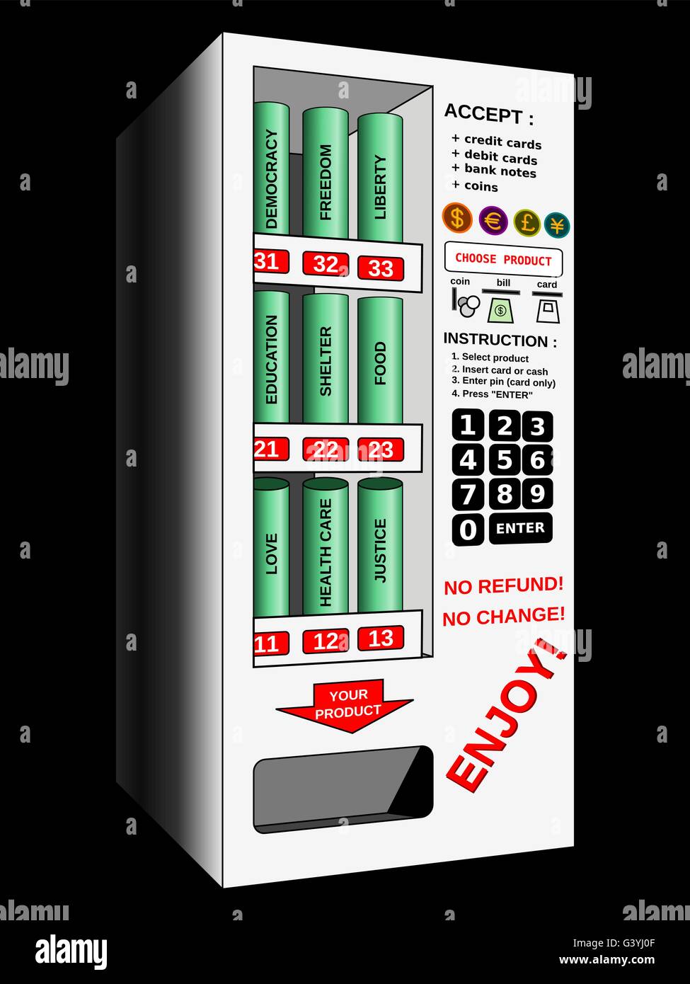 Automatic vending machine selling human rights with money sarcasm. Sarcastic illustration of the issues encountered in society Stock Vector