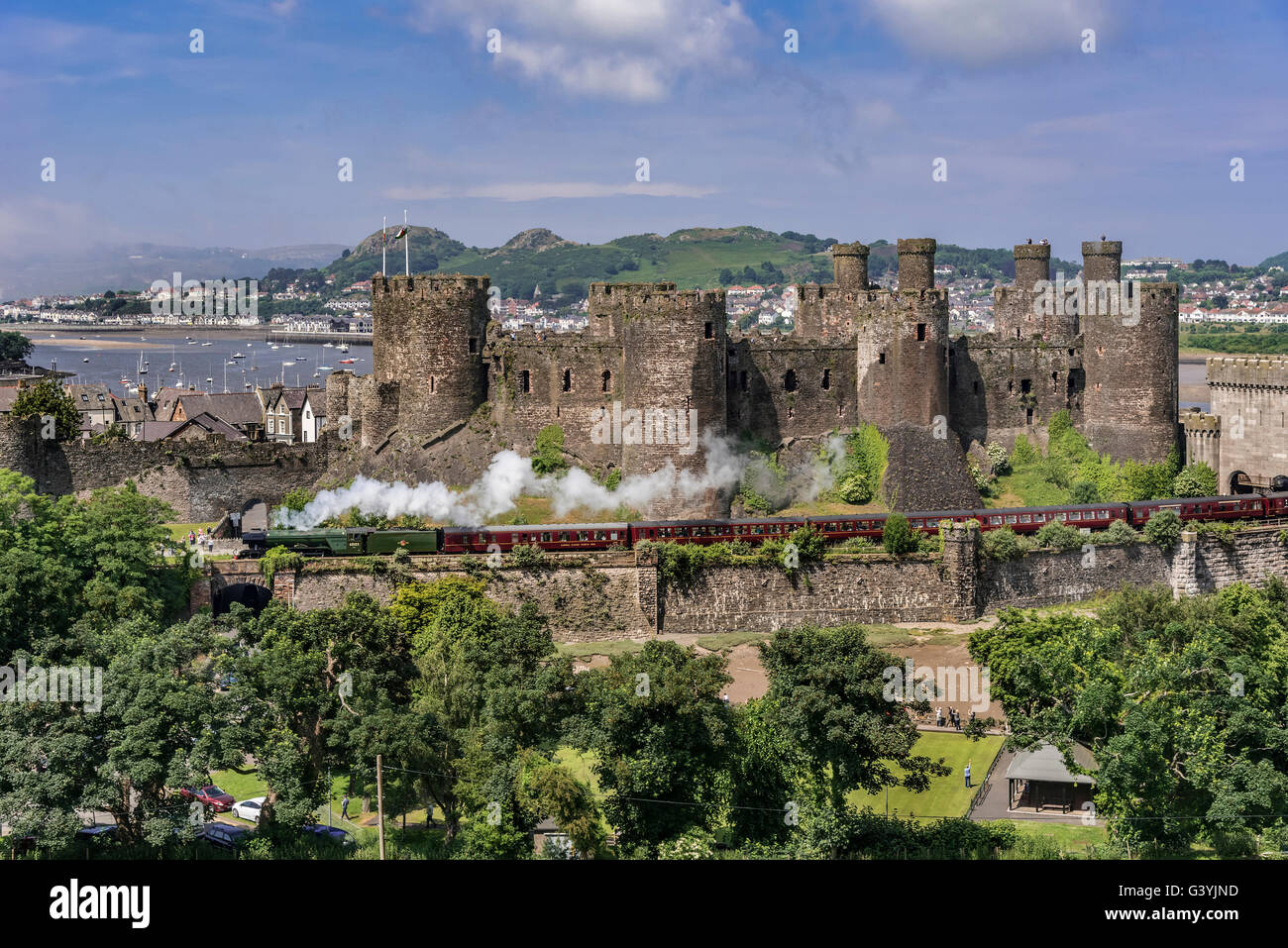 Conwy Castle Clwyd North Wales on the river Conwy. Conway The Flying Scotsman steam train locomotive Stock Photo